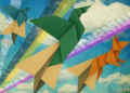 Artist's rendering of origami birds and a fox against a blue sky with white clouds