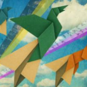 Artist's rendering of origami birds and a fox against a blue sky with white clouds
