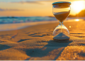 hourglass placed on a sandy beach with the ocean in the background
