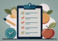 Clipboard with checklist surrounded by fruits and pencil emphasizing healthy habits