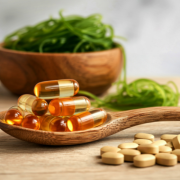 Natural supplements and vitamins on a wooden spoon