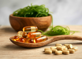 Natural supplements and vitamins on a wooden spoon