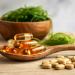 Natural supplements and vitamins on a wooden spoon