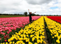 woman jumping in tulips
