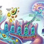 A colorful medical illustration showing the relationship between the gut and the brain. On the left, dietary fiber and healthy fats (like avocados and nuts) enter the gut, stimulating "L-cells" to release GLP-1 into the bloodstream. Green arrows represent the "GLP-1 Signal" traveling to a glowing brain on the right, which then triggers icons for "Satiety" and "Metabolic Balance".