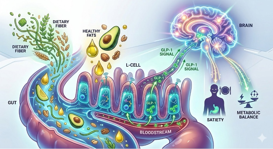 A colorful medical illustration showing the relationship between the gut and the brain. On the left, dietary fiber and healthy fats (like avocados and nuts) enter the gut, stimulating "L-cells" to release GLP-1 into the bloodstream. Green arrows represent the "GLP-1 Signal" traveling to a glowing brain on the right, which then triggers icons for "Satiety" and "Metabolic Balance".